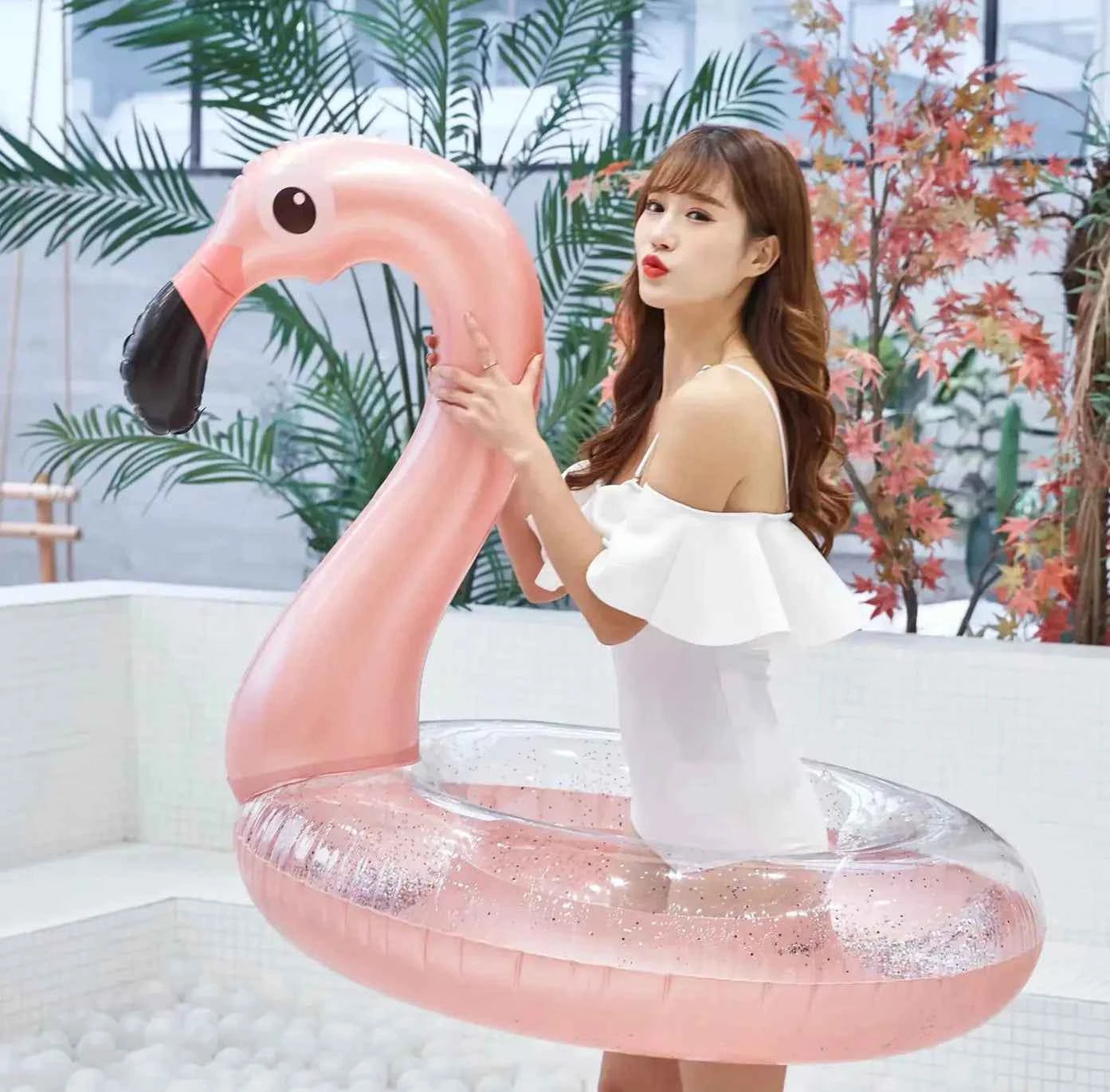 Flamingo Inflatable Swimming Ring – Large Pool Float for Adults & Kids | Sequin Pink PVC Pool Tube for Beach & Party Fun