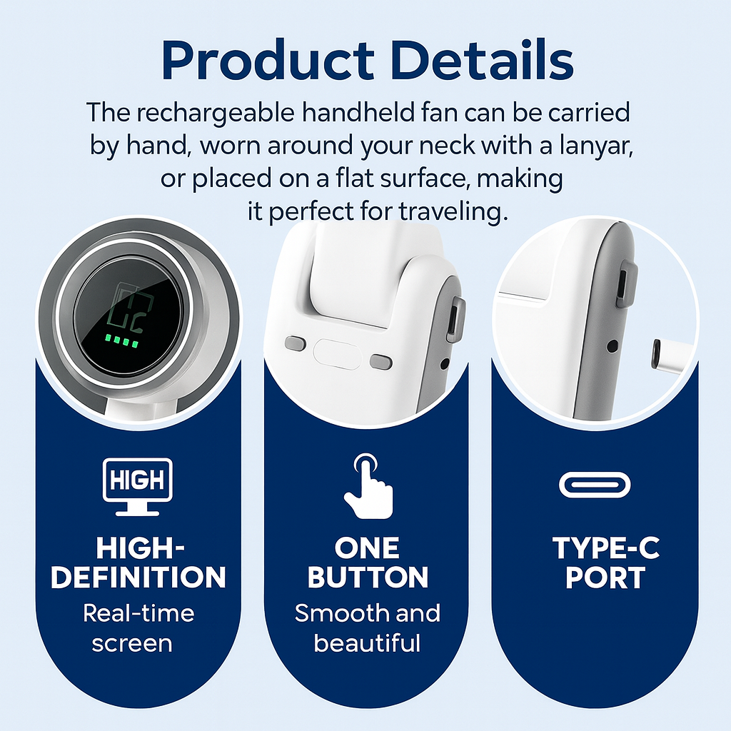 Portable USB Fan – Compact Rechargeable Handheld Cooling Fan with Digital Display by Wave & Hang