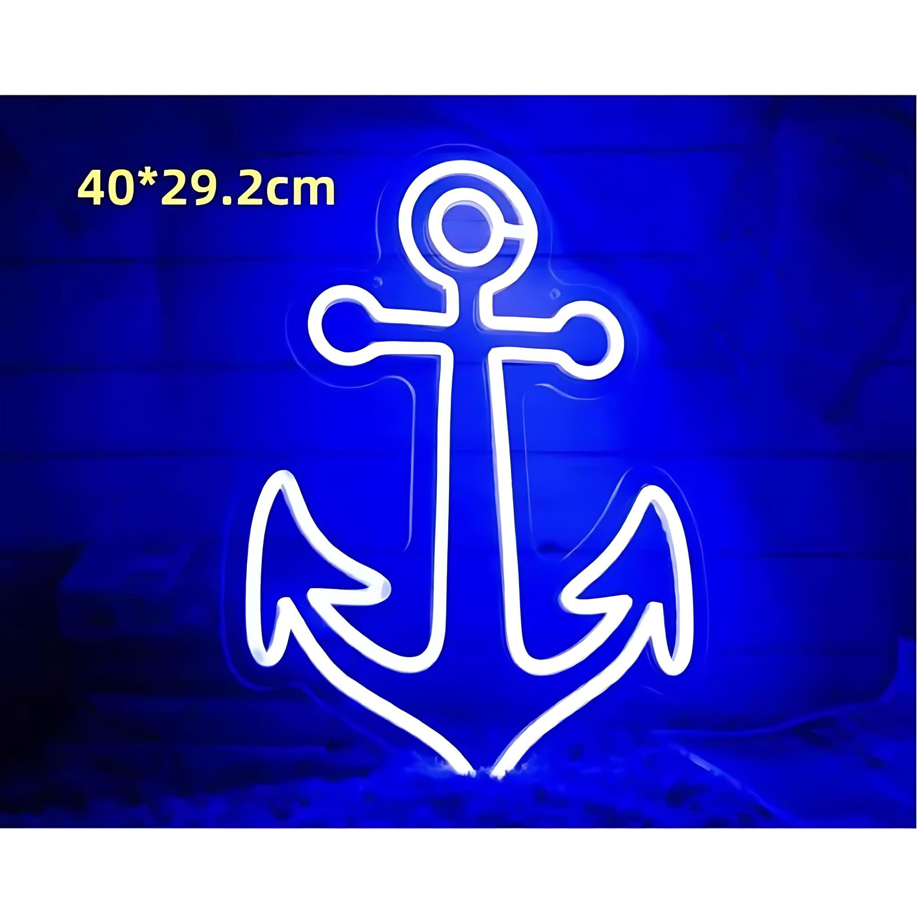 Blue neon LED light shaped like a nautical anchor