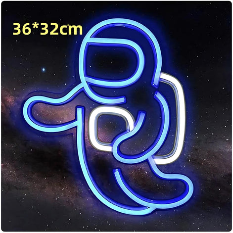 Blue neon LED astronaut floating in space design
