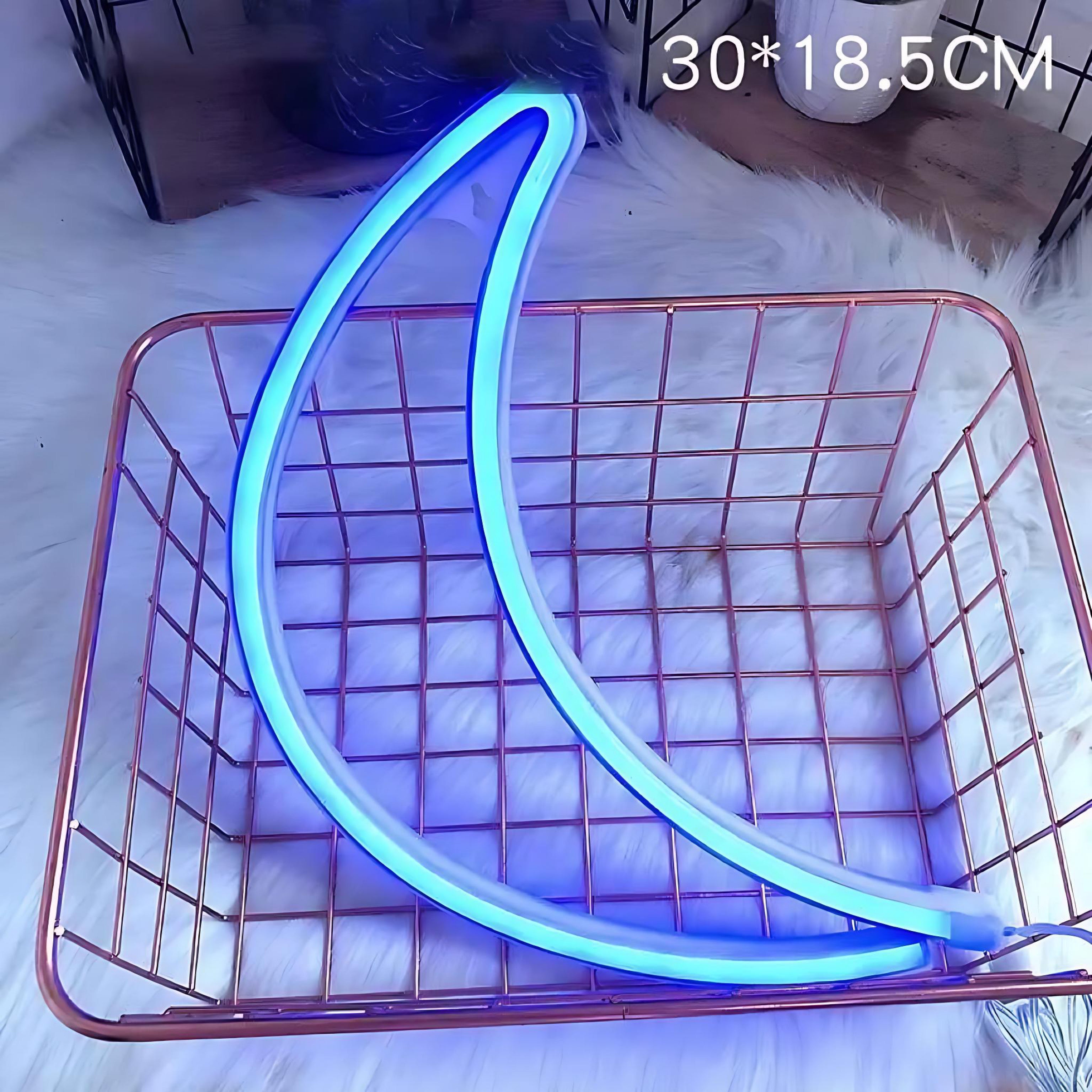 Blue neon LED crescent moon light in wire basket