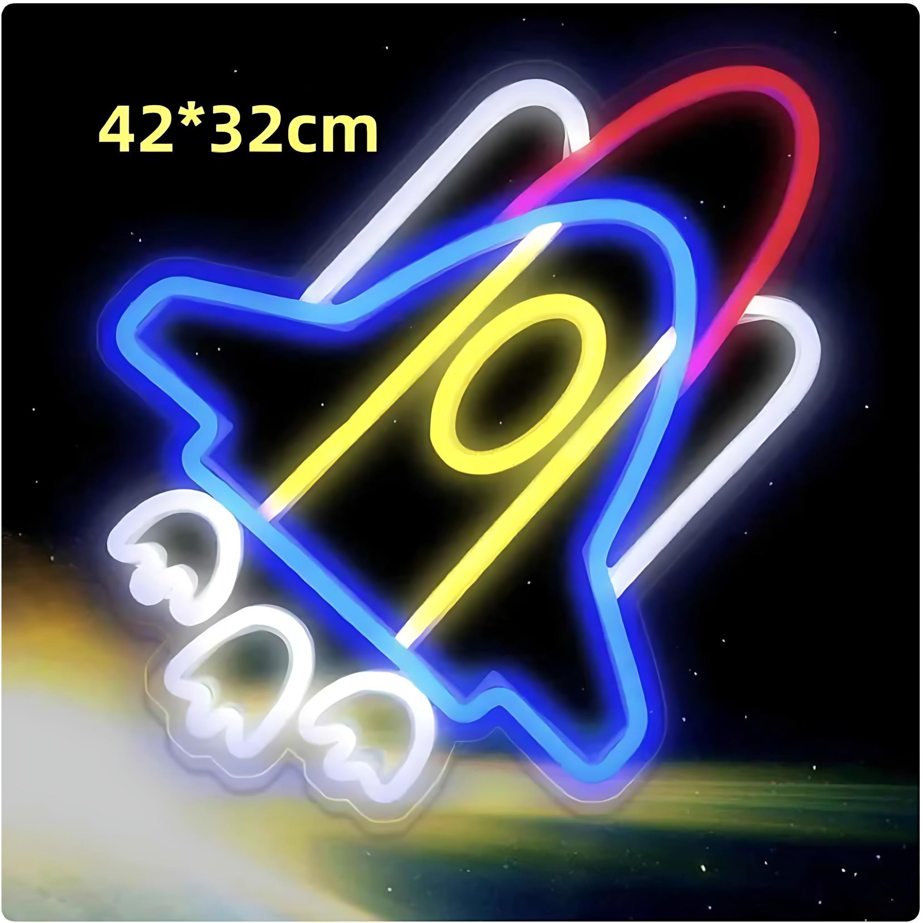 Blue and yellow neon LED rocket-shaped light