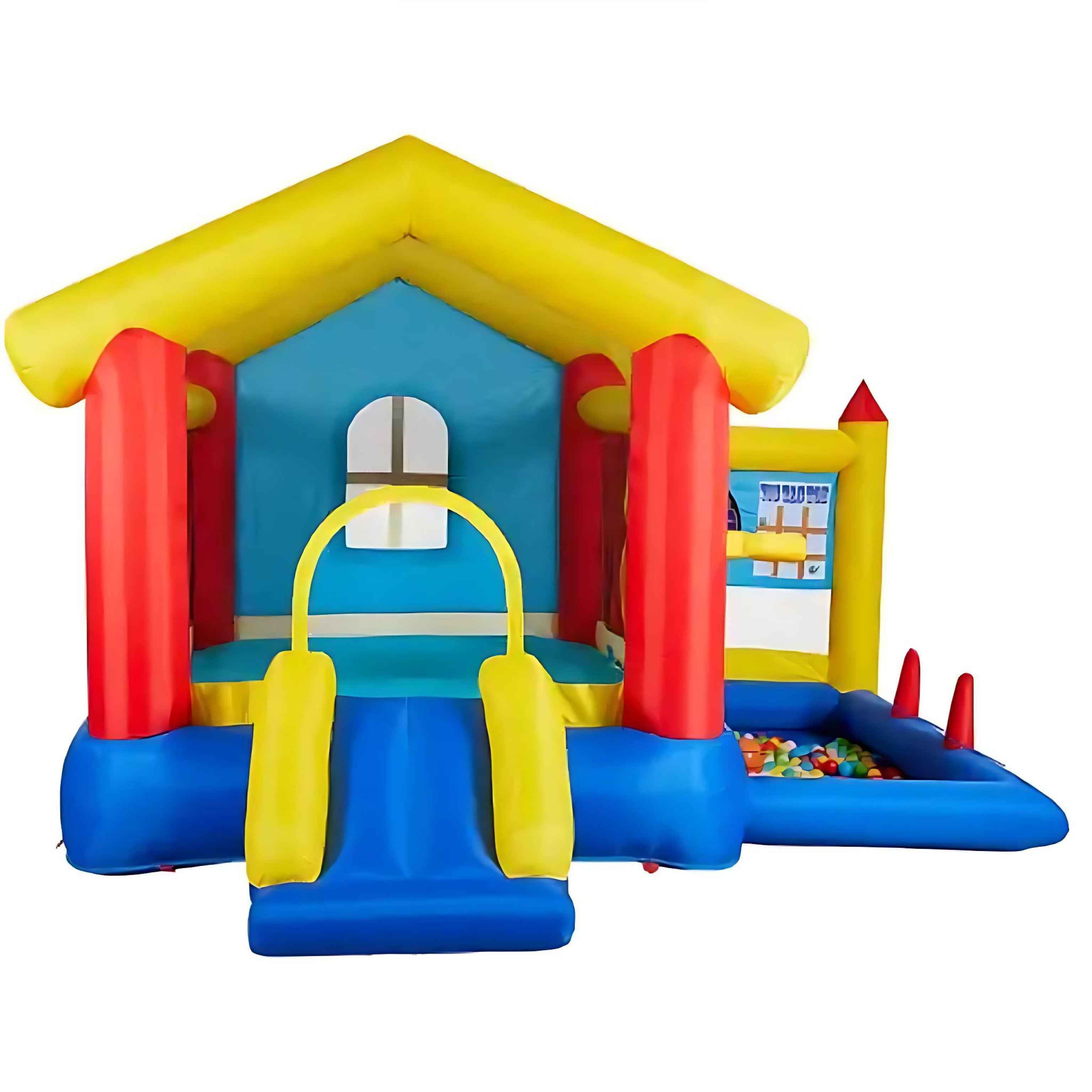 8-in-1 Inflatable Bounce House with Blower – Kids Jumping Castle with Basketball Hoop, Ocean Balls, Ring Toss, Sticky Ball Game & Target | Outdoor Fun Playhouse for Toddlers & Children