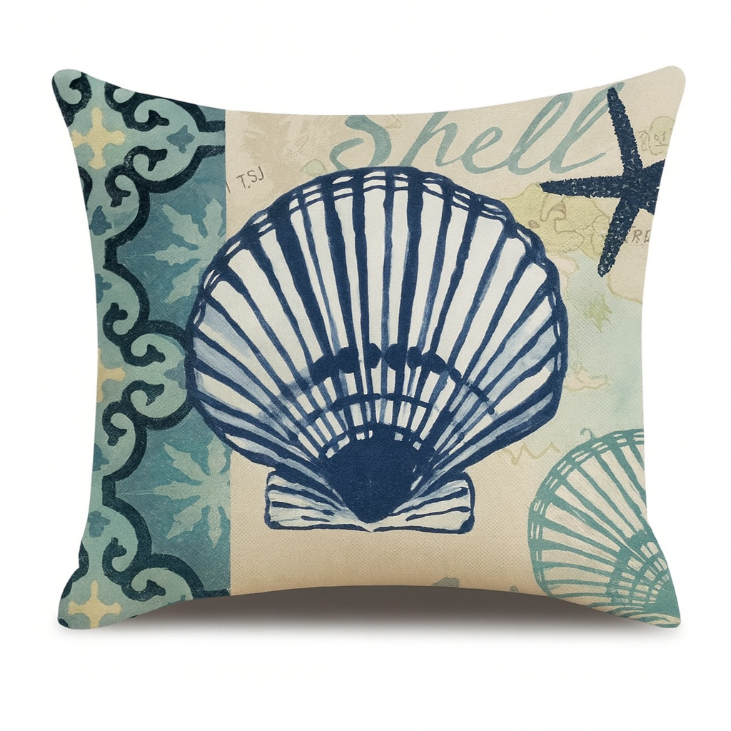 Ocean Theme Cotton Linen Cushion Covers – Coastal Starfish, Shell, Jellyfish, Snail, Octopus & Conch