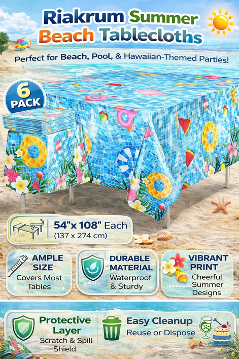 Riakrum Summer Beach Tablecloths - 6 Pcs Vibrant Pool Party Covers