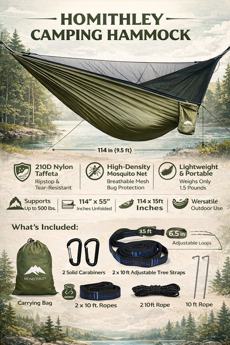 Homithley Camping Hammock - Lightweight with Mosquito Net, Portable
