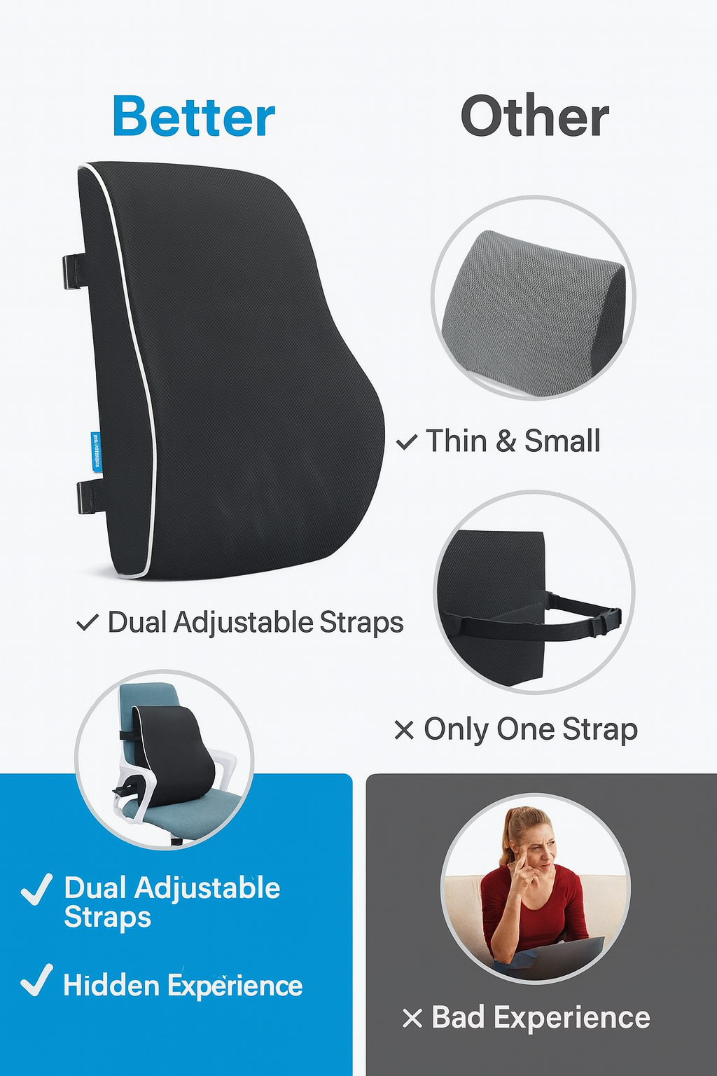 Memory Foam Office Back Cushion | Ergonomic Lumbar Support Pillow for Chair & Car