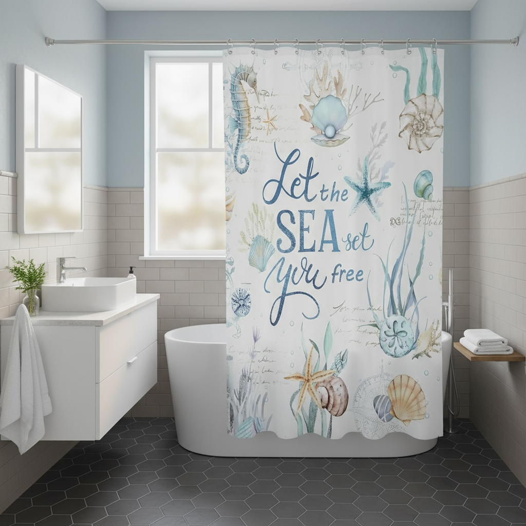 Nautical Ocean Quote Shower Curtain | Coastal Charm by LIGHTINHOME by Wave & Hang