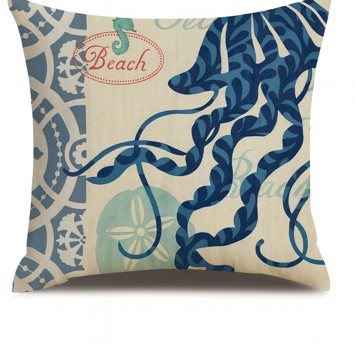 Ocean theme cotton linen cushion cover with blue jellyfish design, coastal beach style, 45x45cm decorative pillow case.