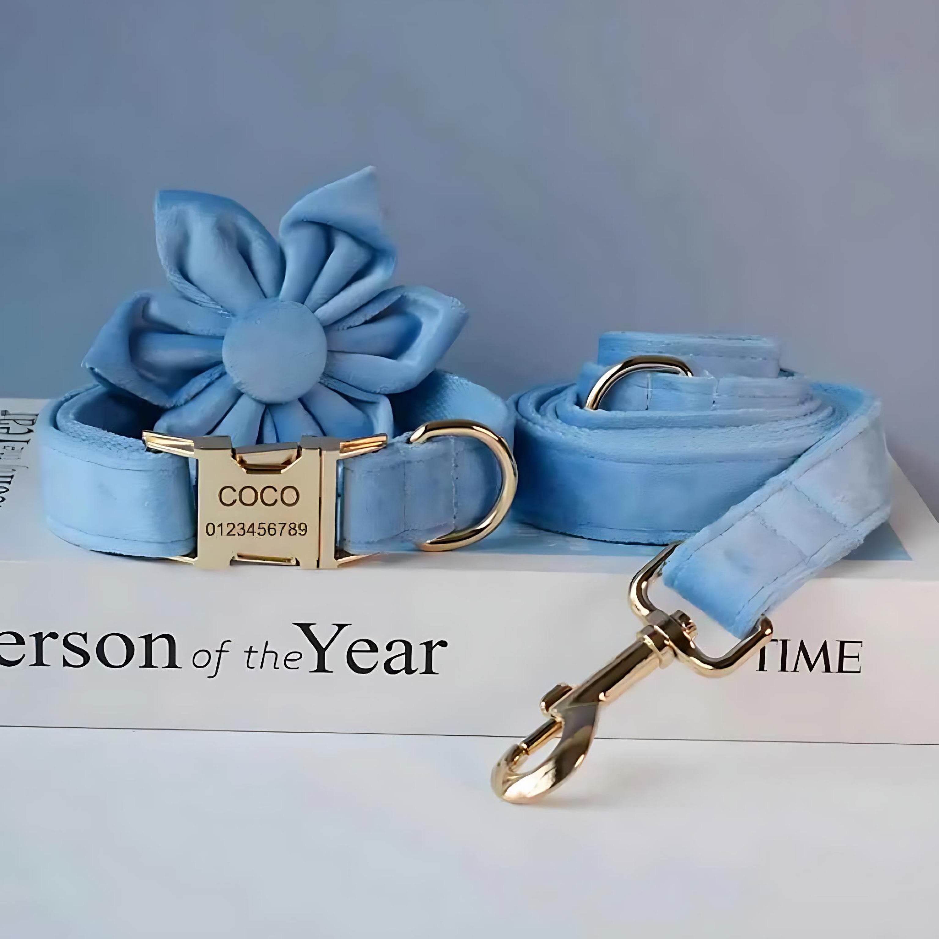 Luxury Blue Velvet Dog Collar & Leash Set – Stylish Comfort for All Breeds by Wave & Hang