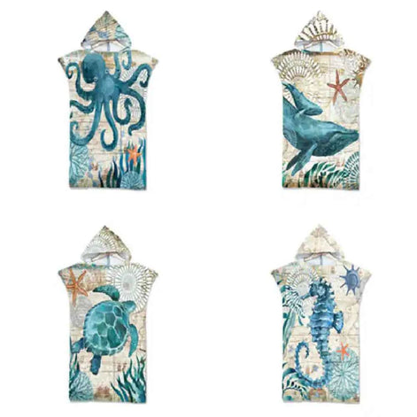 Ocean Print Hooded Beach Towels Family Pack – Soft, Absorbent & Quick-Dry Microfiber Poncho Towels for Kids & Adults