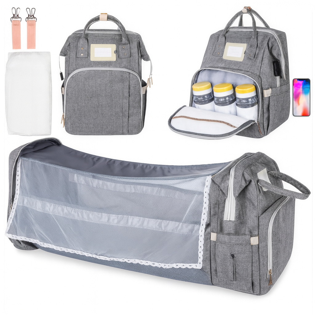 👶 Multi-Functional Diaper Bag with Foldable Baby Bed – Large Capacity Mommy Backpack