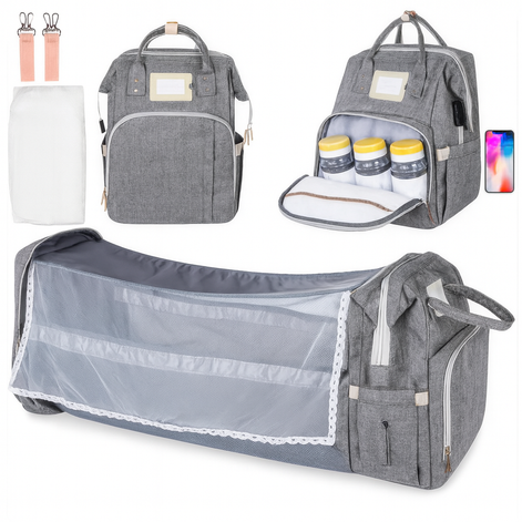Multi-Functional Diaper Bag with Foldable Baby Bed – Large Capacity Waterproof Mommy & Daddy Backpack
