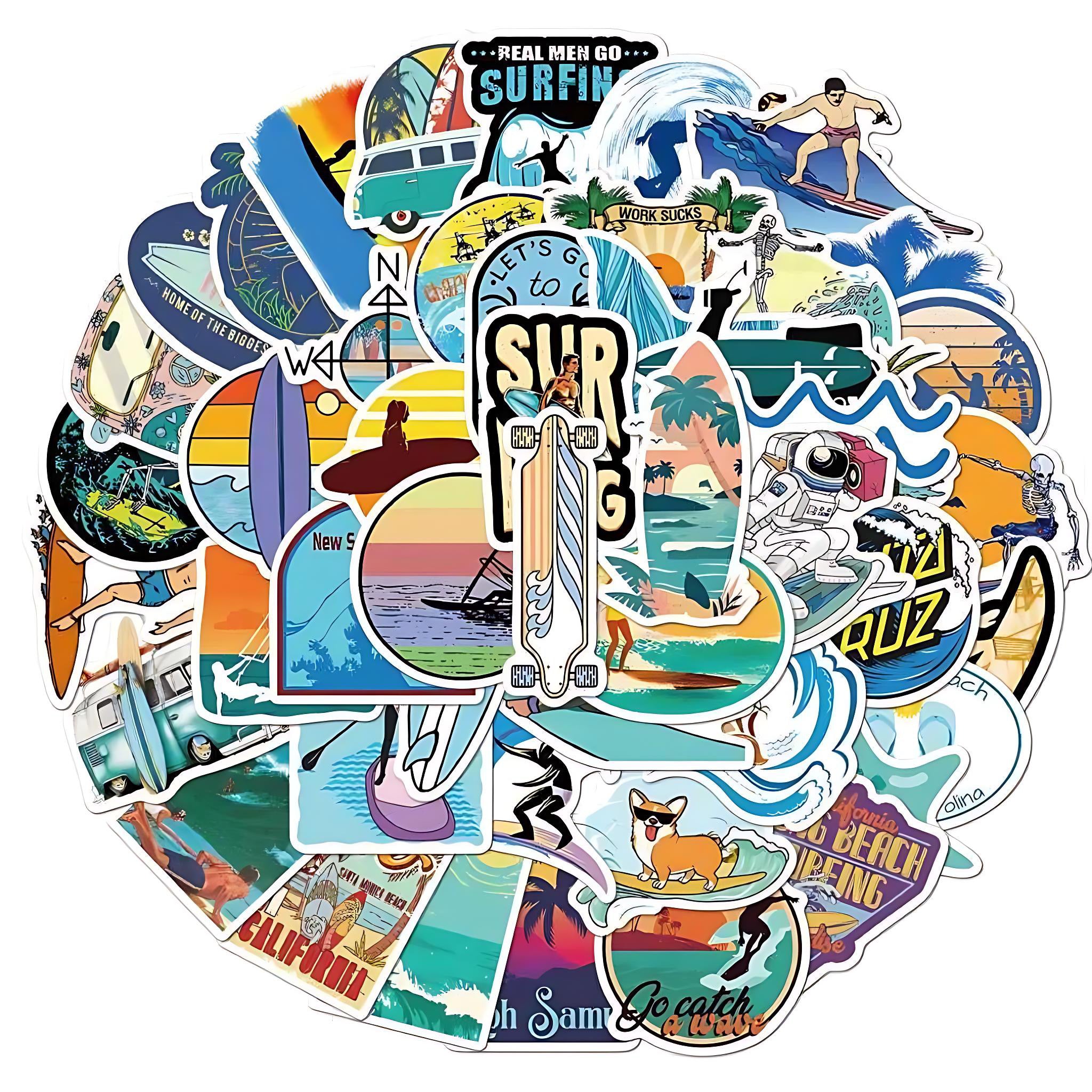 Surf & Beach Vibes – 50 Waterproof Vinyl Stickers Pack | Perfect for Surfboards, Bottles, Laptops & More! by Wave & Hang