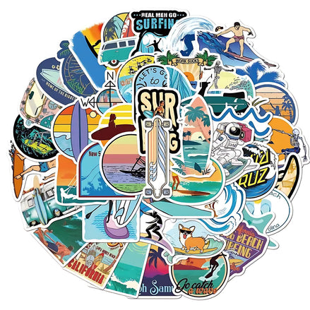 Surf & Beach Vibes – 50 Waterproof Vinyl Stickers Pack | Perfect for Surfboards, Bottles, Laptops & More! by Wave & Hang