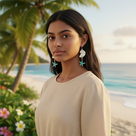 Blue Starfish & Seashell Dangle Earrings – Boho Ocean-Inspired Jewelry by Wave & Hang