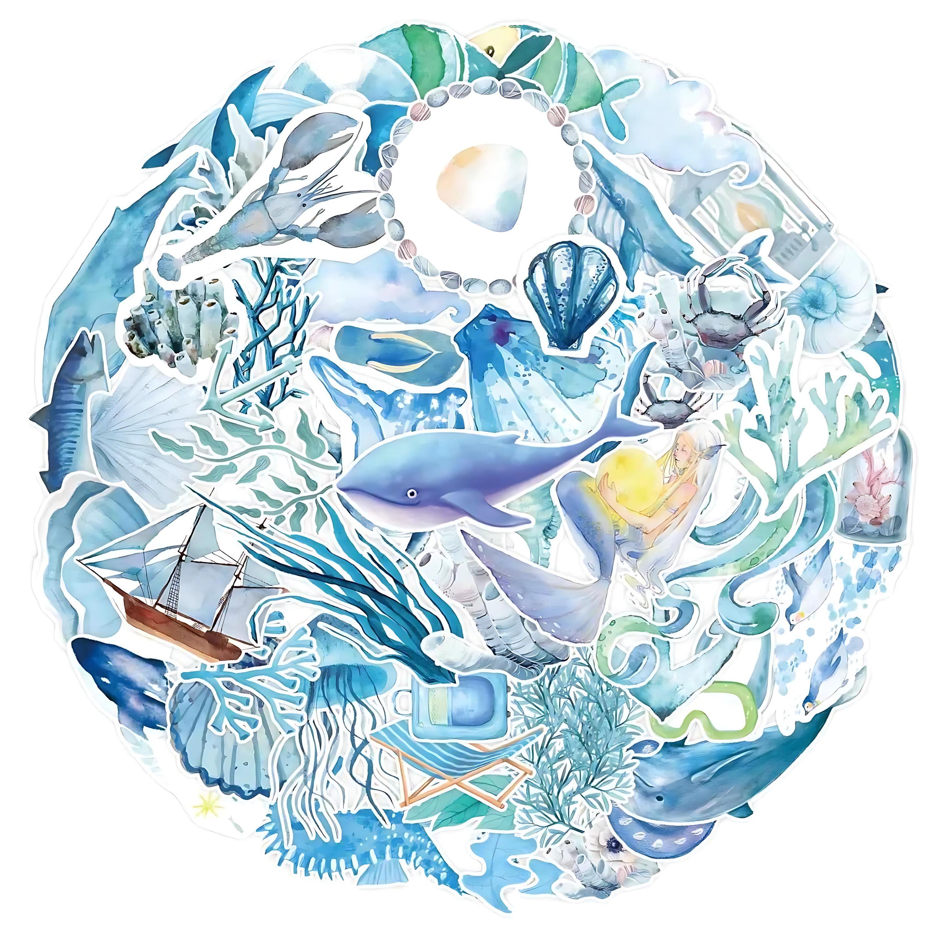 Yoksas Fifty Sticker Pack Ocean Blue Watercolor Marine Life Waterproof Vinyl Decals For Water Bottles And Laptops by Wave & Hang