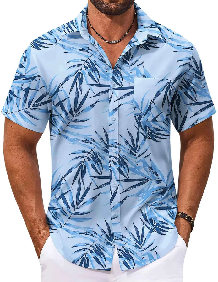 COOFANDY Men’s Hawaiian Shirt | Blue Leaf Print Short Sleeve Button-Down – Summer Beach Cruise Casual Top
