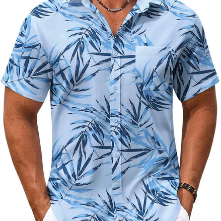 COOFANDY Men’s Hawaiian Shirt | Blue Leaf Print Short Sleeve Button-Down – Summer Beach Cruise Casual Top