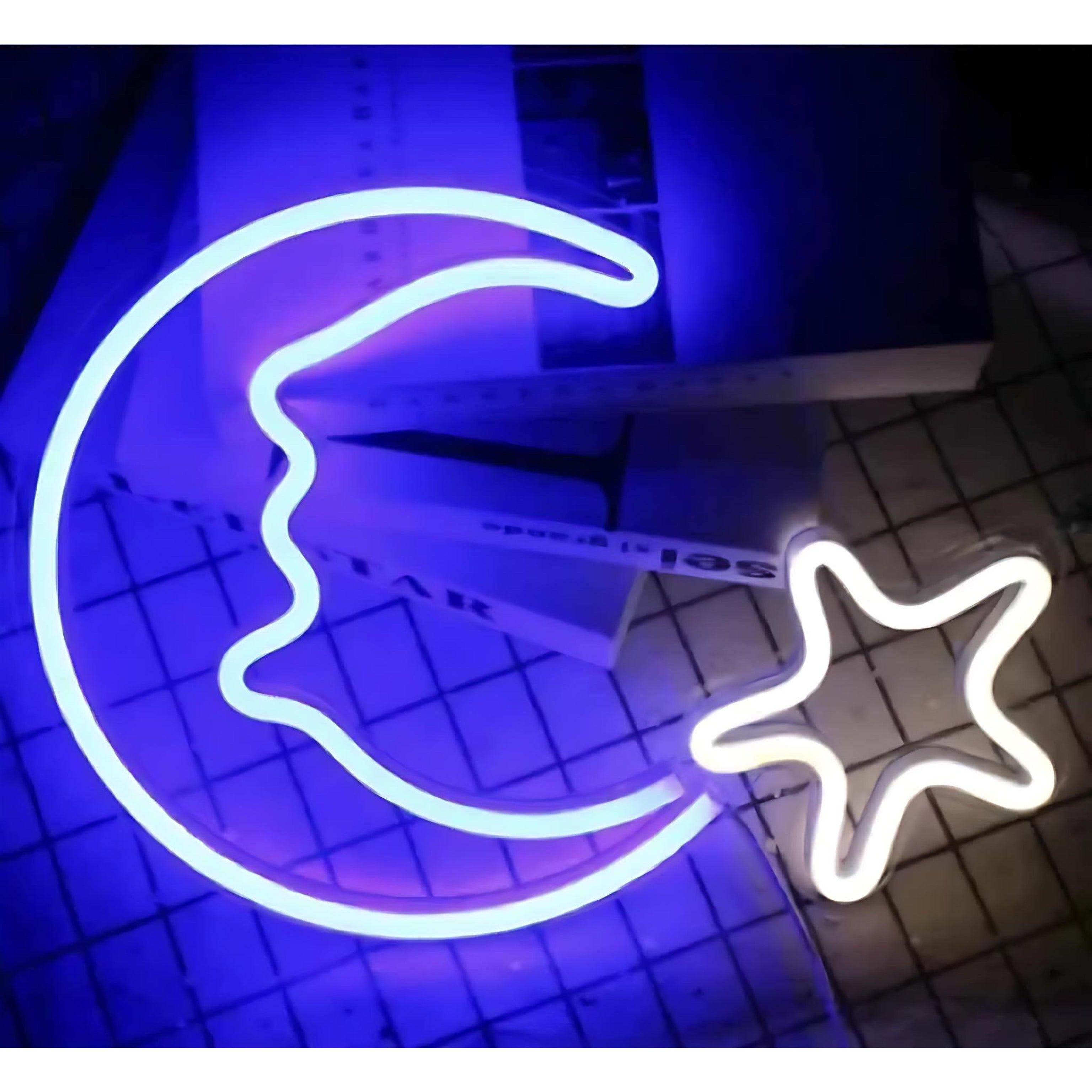 Neon light shaped like a crescent moon with a hanging star