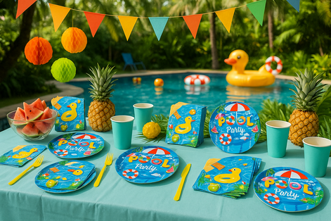 80 Pcs Pool Party Set | Vibrant Tableware for 40 Guests by Wave & Hang