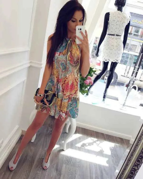 Bohemian Ocean Print Beach Dress – Summer Halter Sundress for Women