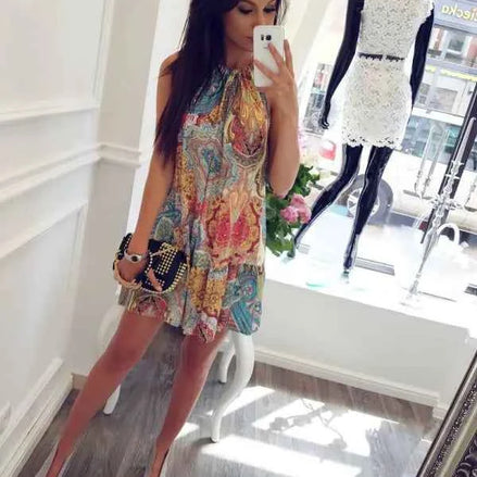 Bohemian Ocean Print Beach Dress – Summer Halter Sundress for Women