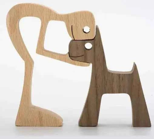 Wood Dog Sculpture – Handmade Wooden Figurine | Human & Dog Friendship Home Decor Gift for Pet Lovers