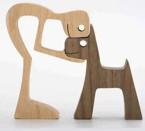 Wood Dog Sculpture – Handmade Wooden Figurine | Human & Dog Friendship Home Decor Gift for Pet Lovers