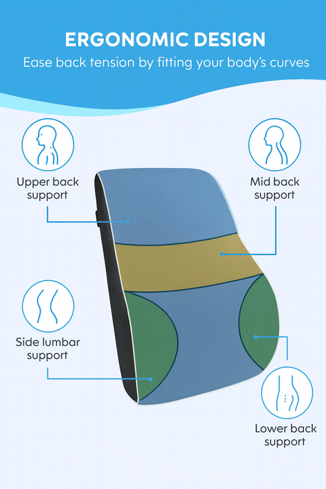 Memory Foam Office Back Cushion | Ergonomic Lumbar Support Pillow for Chair & Car