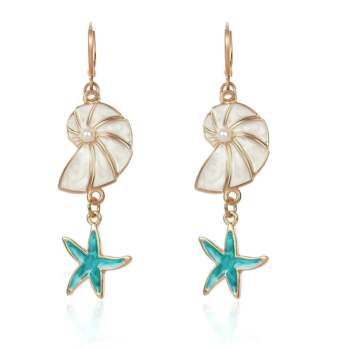 Blue Starfish & Seashell Dangle Earrings – Boho Ocean-Inspired Jewelry by Wave & Hang