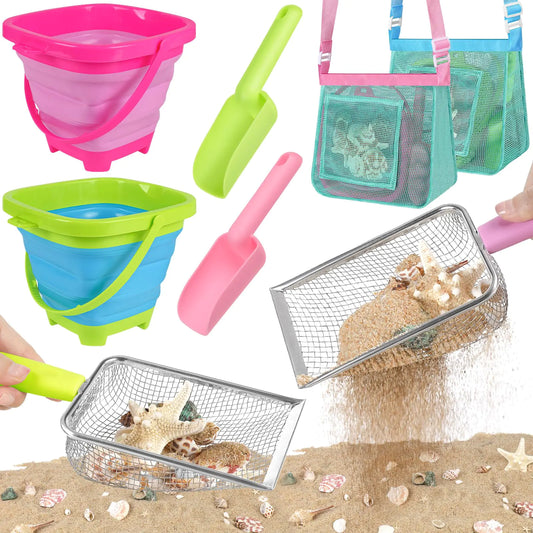 8PCS Kids Beach Sand Toys Set – Collapsible Buckets, Mesh Bags & Shovels for Fun Shell Collecting
