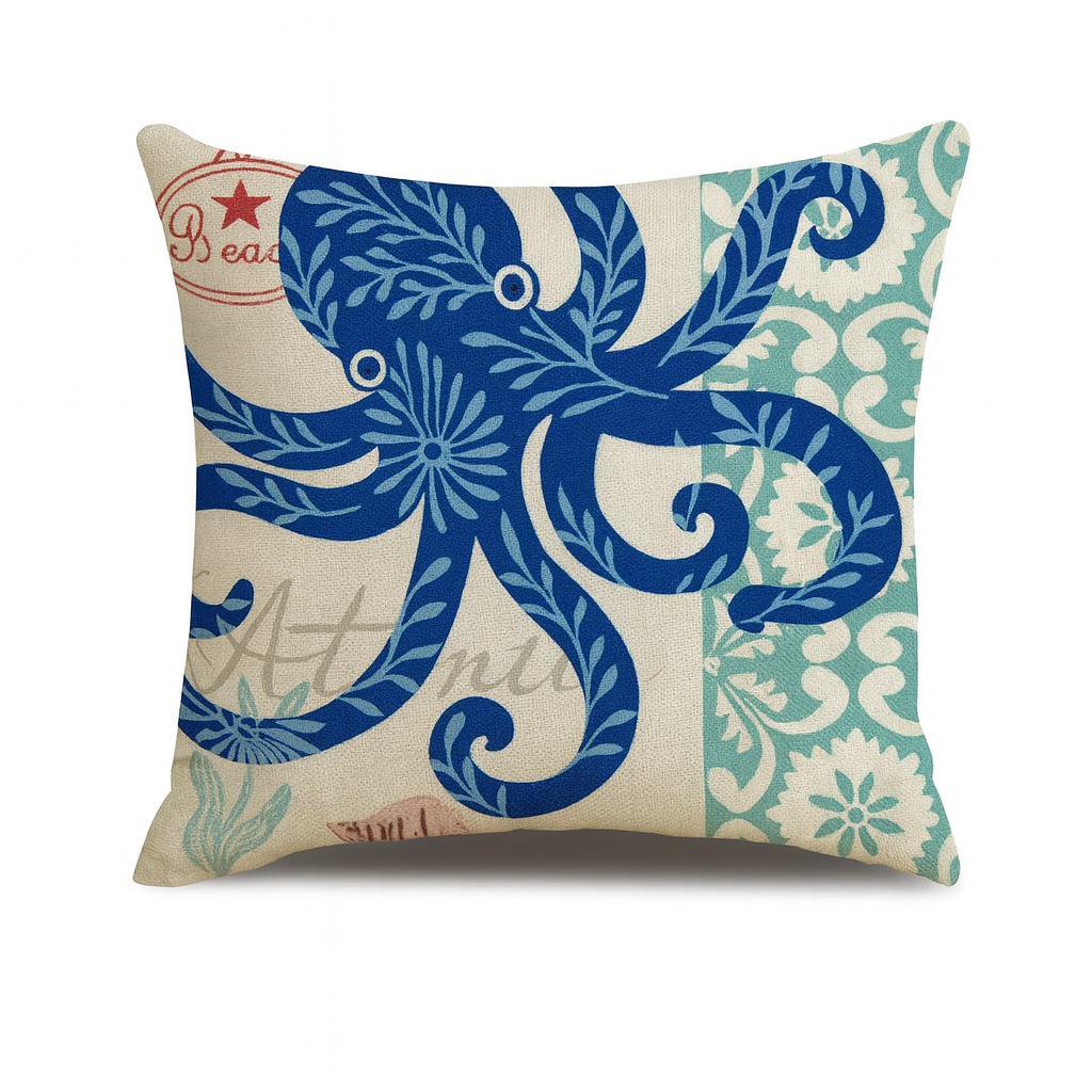 Ocean Theme Cotton Linen Cushion Covers – Coastal Starfish, Shell, Jellyfish, Snail, Octopus & Conch