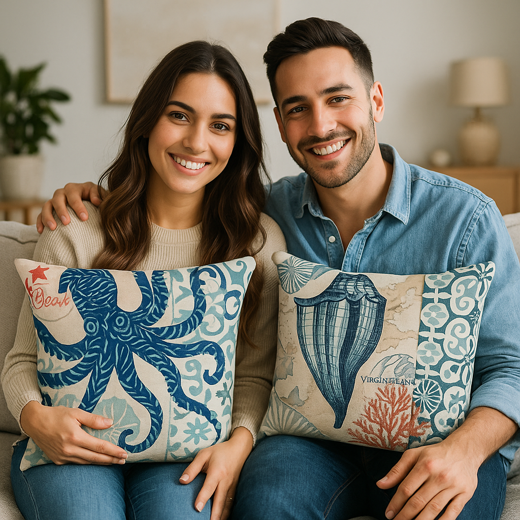 Ocean Theme Cotton Linen Cushion Covers – Coastal Starfish, Shell, Jellyfish, Snail, Octopus & Conch