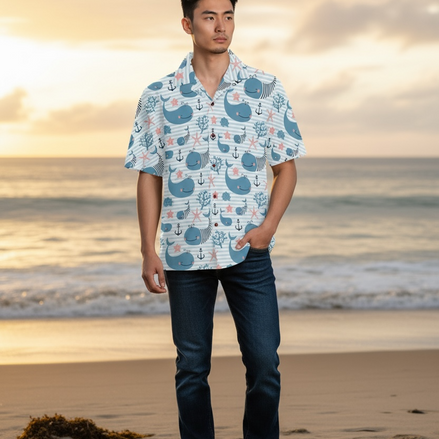 Visesunny Hawaiian Whale Shirt | Quick-Dry Beach Style for Men by Wave & Hang