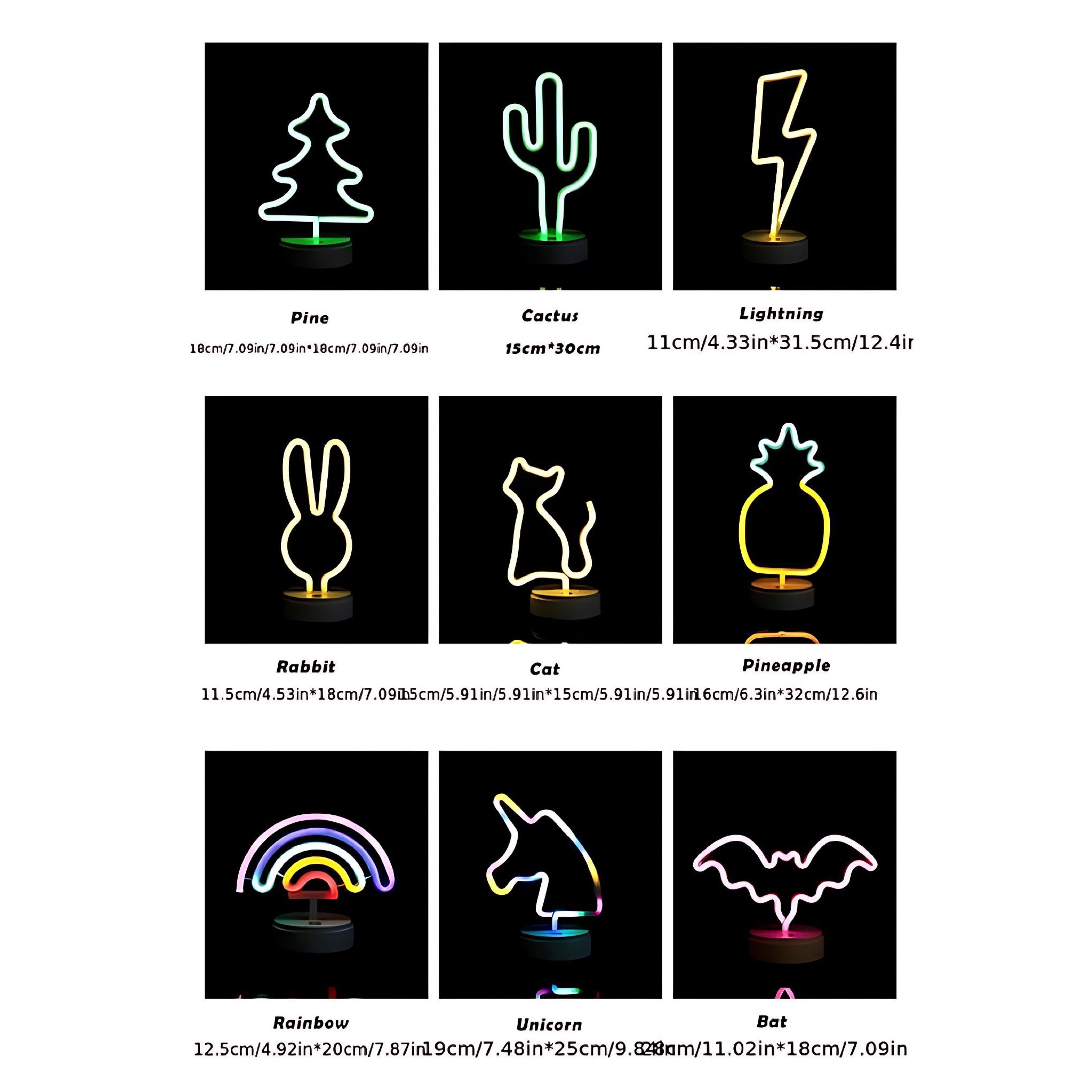 Neon LED Table Lamp for Bedroom – Cute Night Light for Kids and Adults | Colorful Neon Signs in Cactus, Rainbow, Unicorn, Cat, and Bat Shapes | USB & Battery Powered Home Décor Lamp
