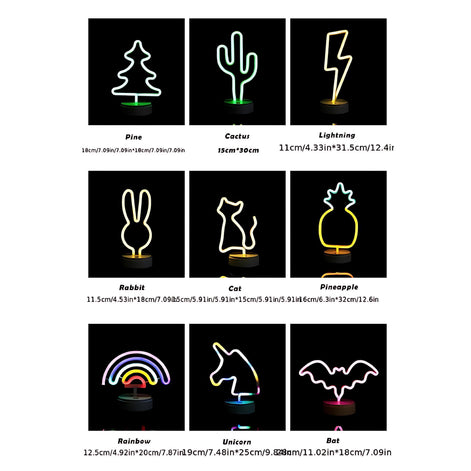 Neon LED Table Lamp for Bedroom – Cute Night Light for Kids and Adults | Colorful Neon Signs in Cactus, Rainbow, Unicorn, Cat, and Bat Shapes | USB & Battery Powered Home Décor Lamp
