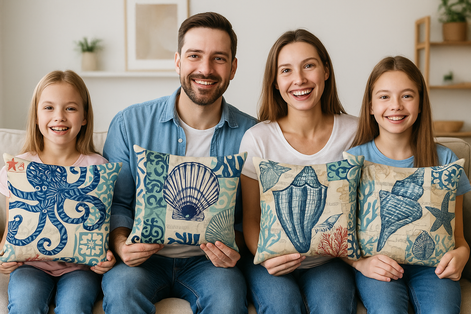 Smiling family of four sitting on sofa holding ocean theme cotton linen cushion covers with octopus, seashell, conch, and starfish coastal designs, 45x45cm decorative pillow cases.

