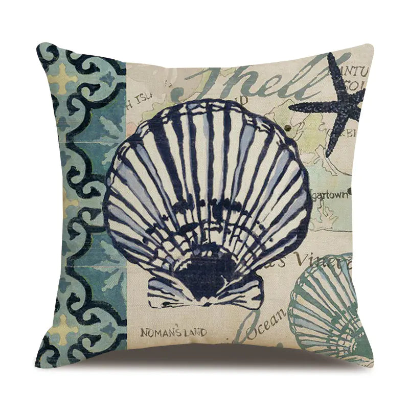 Ocean Theme Cotton Linen Cushion Covers – Coastal Starfish, Shell, Jellyfish, Snail, Octopus & Conch