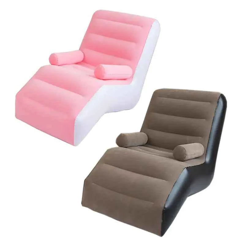 Portable Inflatable Lazy Sofa – Lightweight S-Shaped Lounge Chair for Indoor & Outdoor Relaxation (Flocking PVC, Pink & Brown)