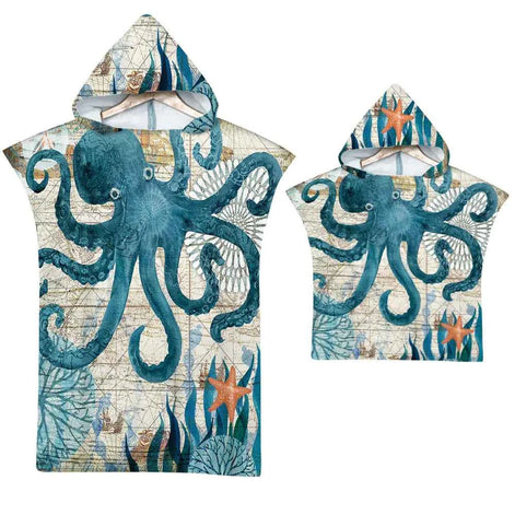 Ocean Print Hooded Beach Towels Family Pack – Soft, Absorbent & Quick-Dry Microfiber Poncho Towels for Kids & Adults