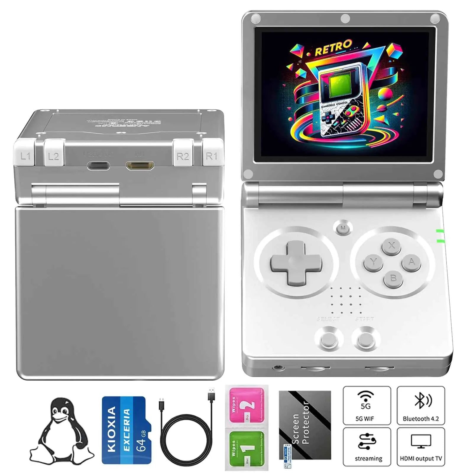 RG35XXSP flip Handheld Game Console Rg35XXSP Clamshell Retro Game Console with 64G TF Card Upgrade 64-bit System Portable Gaming Console 3300mAh Battery Supports 5G WiFi Bluetooth HDTV Output Silver