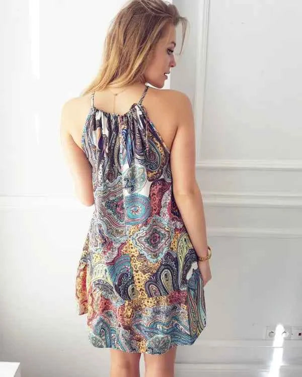 Bohemian Ocean Print Beach Dress – Summer Halter Sundress for Women