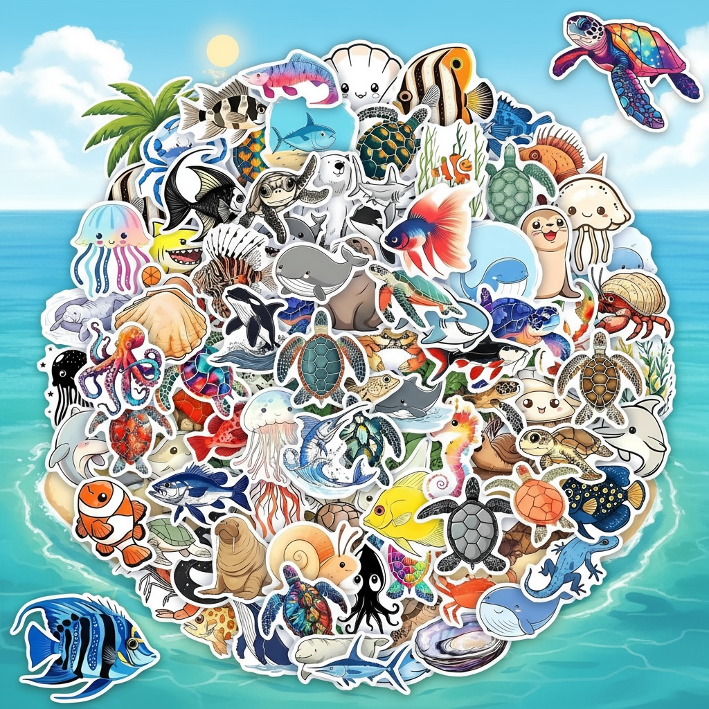 Ocean Stickers Pack 100 Waterproof Vinyl Sea Creatures For All Ages by Wave & Hang