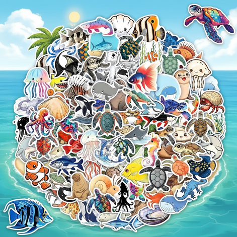 Ocean Stickers Pack 100 Waterproof Vinyl Sea Creatures For All Ages by Wave & Hang
