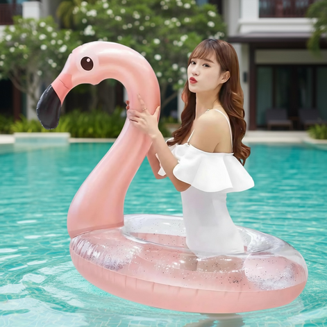 Flamingo Sequin Inflatable Ring Large Pink Pool Float For Adults And Kids Beach Party Fun by Wave & Hang