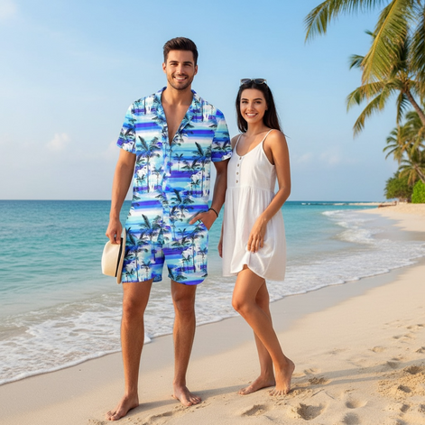 AOBUTE Men's Tropical Print Hawaiian Shirt & Shorts Set - Summer Ready