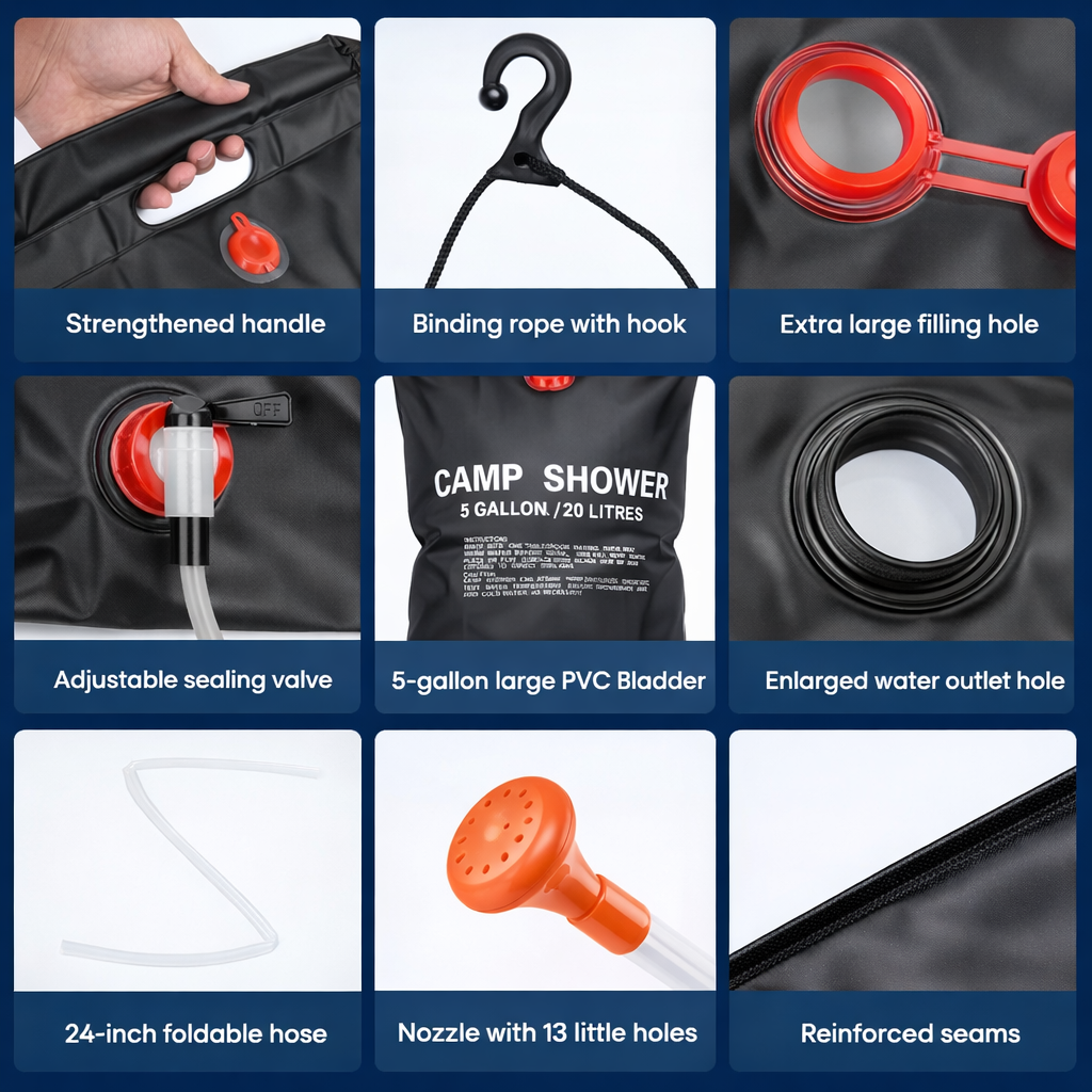 Solar Shower Bag by Brand Name - 5 Gallons with On/Off Shower Head