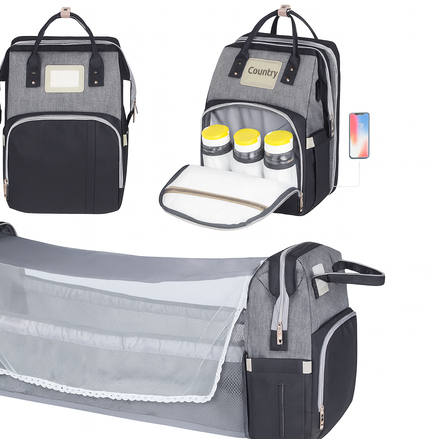 Multi Functional Diaper Bag With Foldable Baby Bed 3 In 1 Waterproof Backpack All In One Travel Essential by Wave & Hang