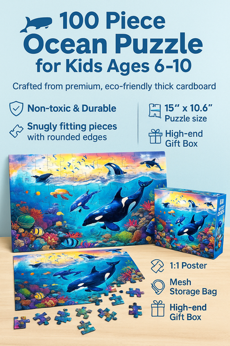 100 Piece Ocean Puzzle for Kids Ages 6–10 – Killer Whale Jigsaw Educational Toy for Boys & Girls